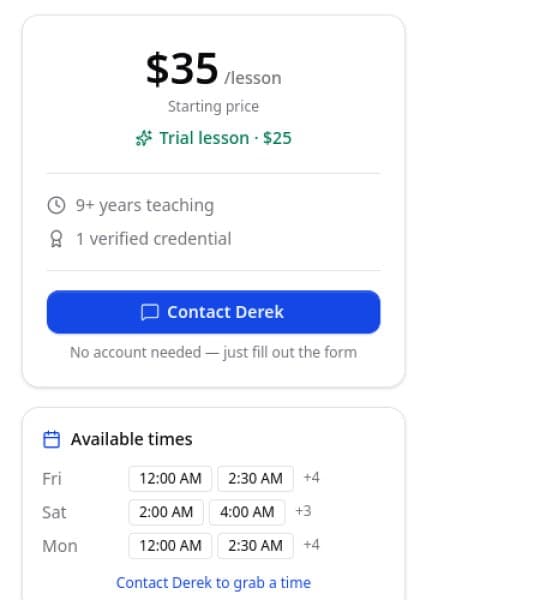 A public tutor profile on Tuton with lesson pricing, trial lesson, and available booking times