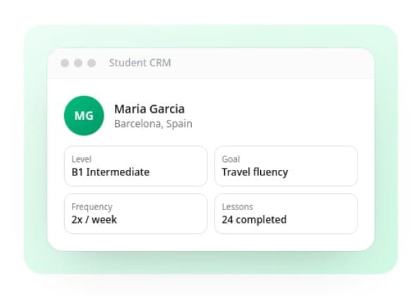 A student profile in the Tuton student CRM showing level, goal, frequency, and lessons completed