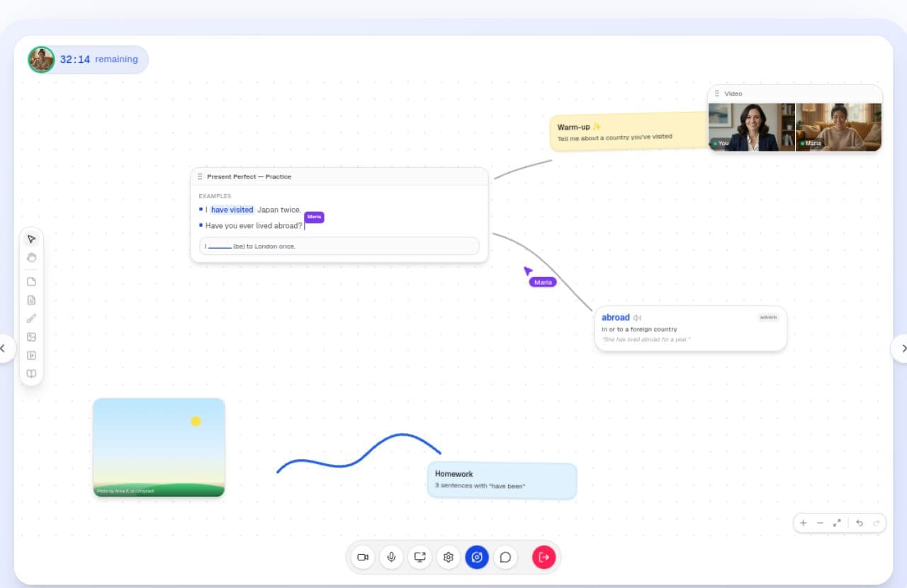 The Tuton classroom: an infinite canvas with live video, lesson slides, and vocabulary cards